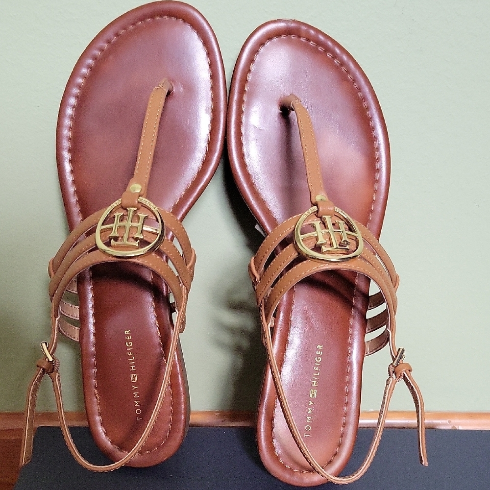 Tommy Hilfiger Tan T-Strap Sandals with Gold Logo